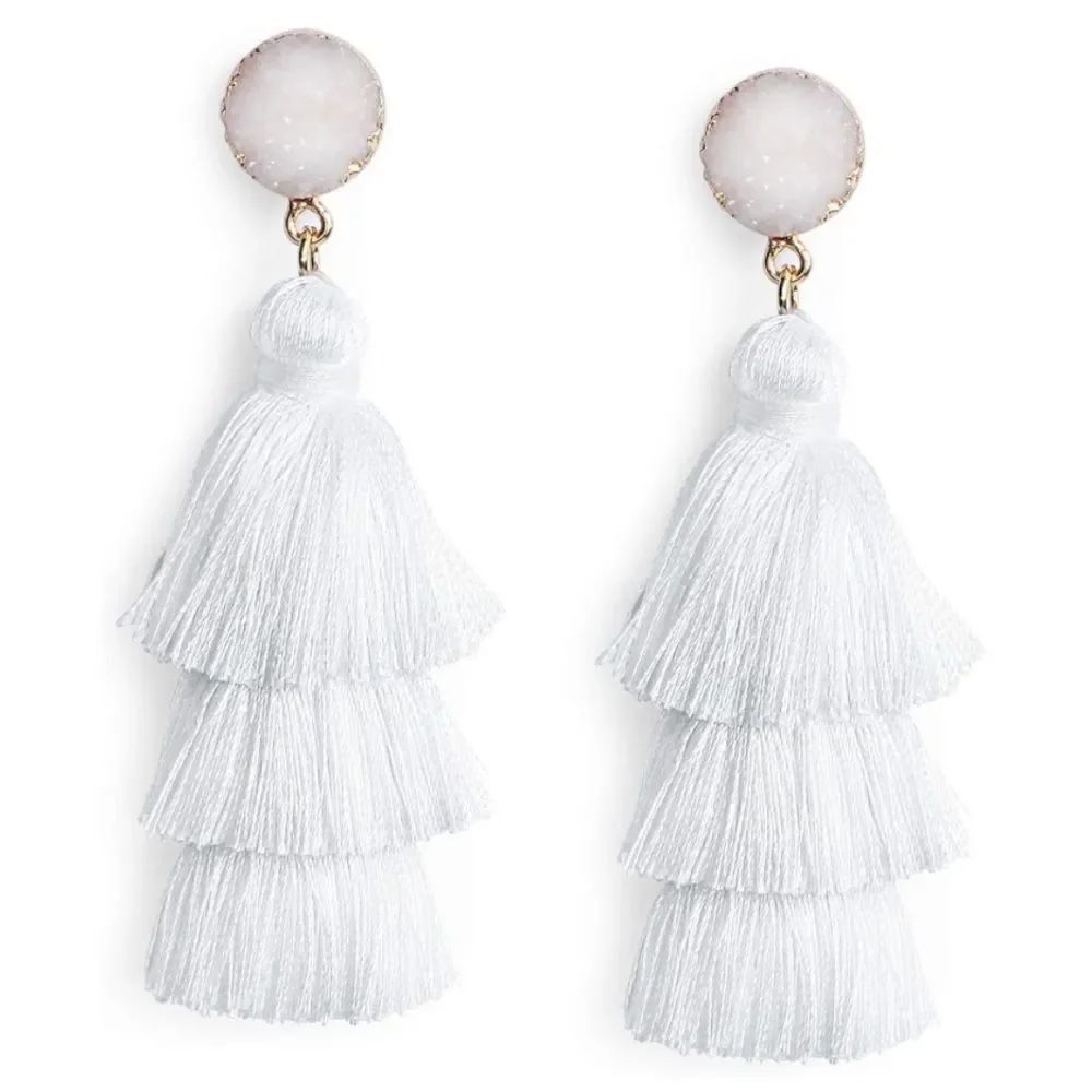 14K Yellow Gold with White Silk Thread Tassel and Quartz Druzy Post Earrings